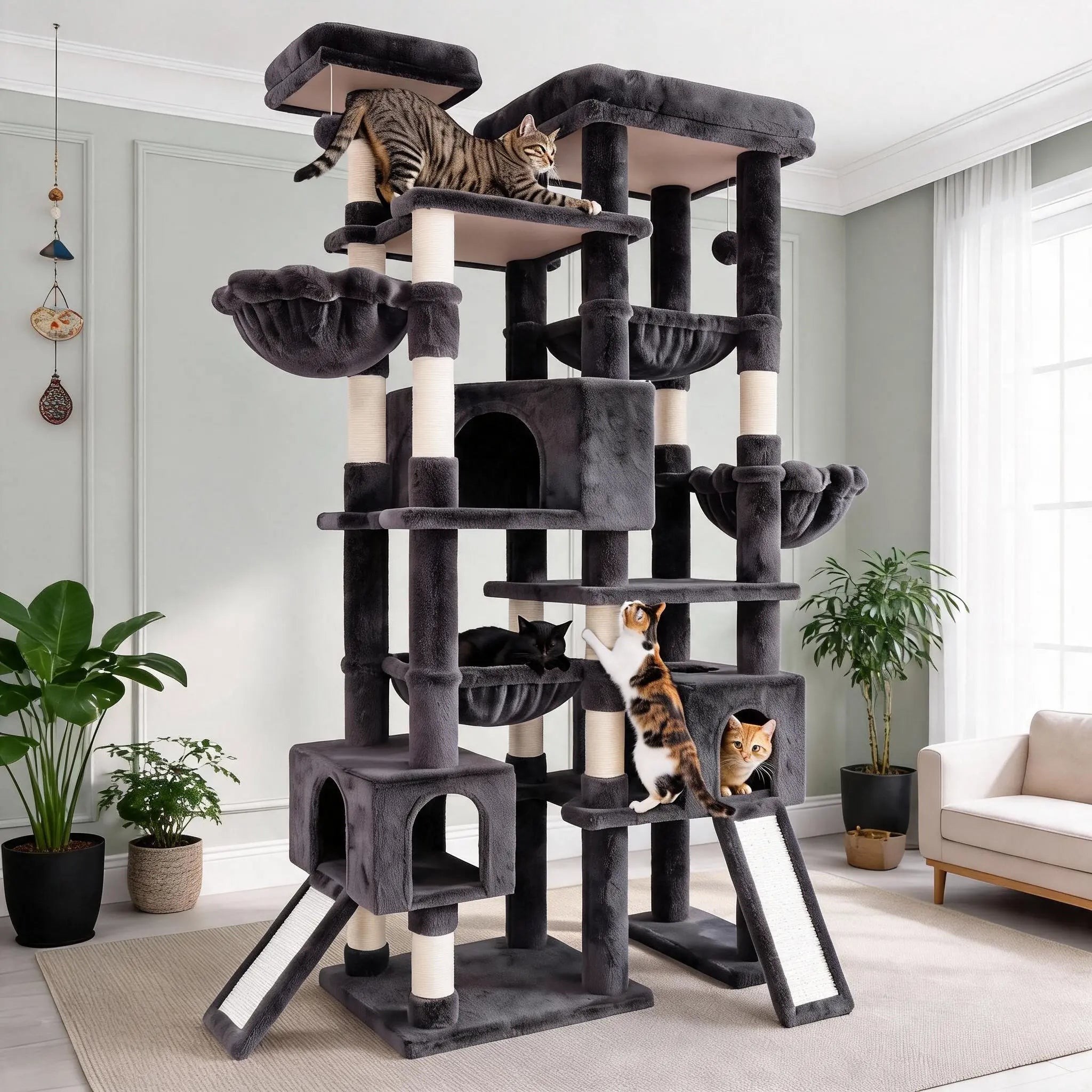 Elevate Your Cats' Playtime with the SHA CERLIN 87" Luxury Cat Tower Mansion! 🐾🏰 Perfect for large cats & kittens, this plush activity center features sisal scratching posts and cozy hammocks! 🌟🐱