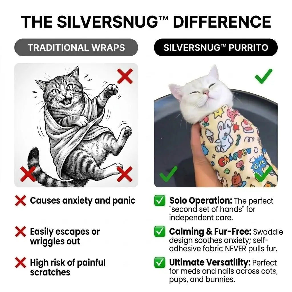 Transform your pet's chill time with the Silversnug Magic Purrito Wrap! 🐾✨ The self-adhesive calming swaddle and grooming towel keeps your furry friend scratch-proof and fur-free! 🐶💖