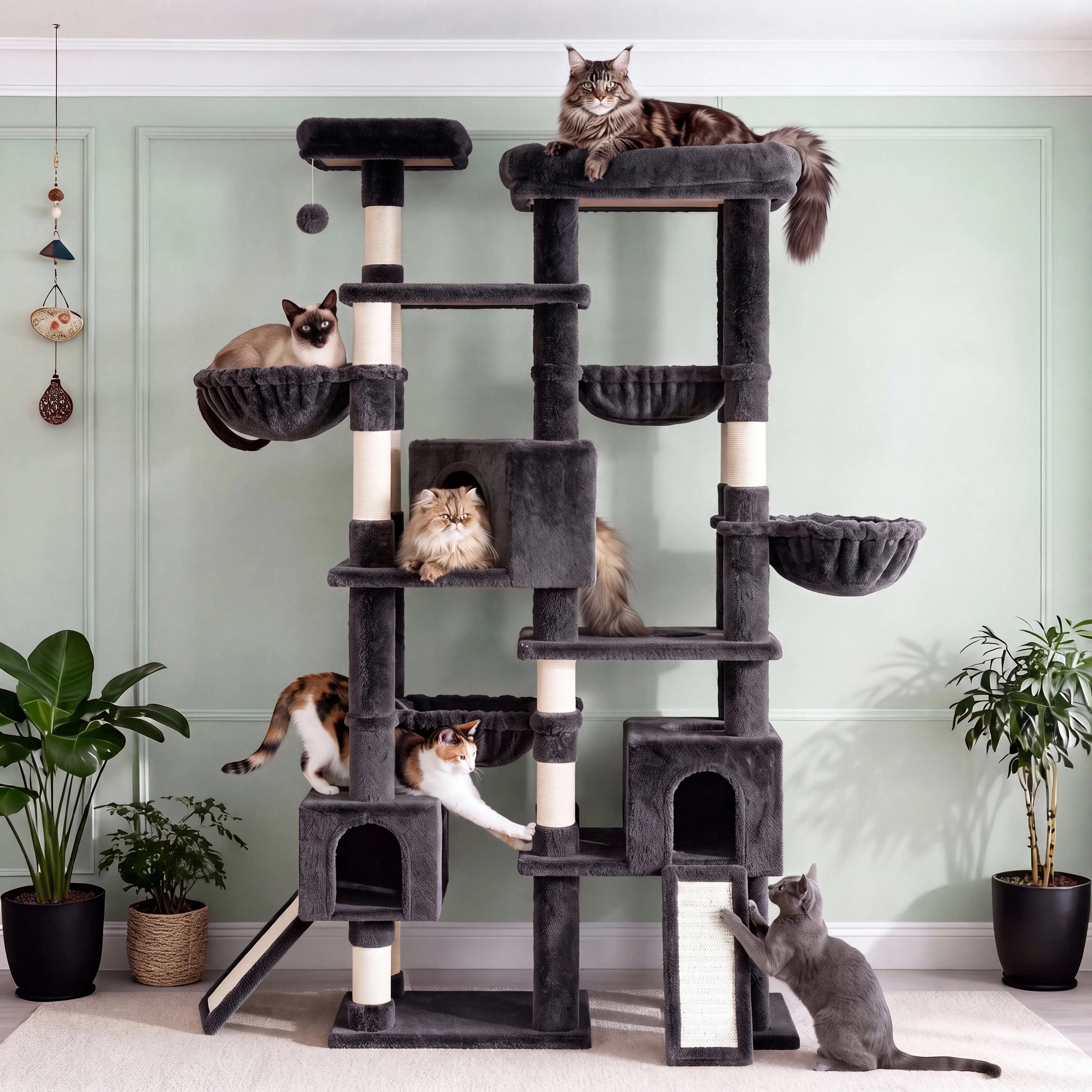 Elevate Your Cats' Playtime with the SHA CERLIN 87" Luxury Cat Tower Mansion! 🐾🏰 Perfect for large cats & kittens, this plush activity center features sisal scratching posts and cozy hammocks! 🌟🐱
