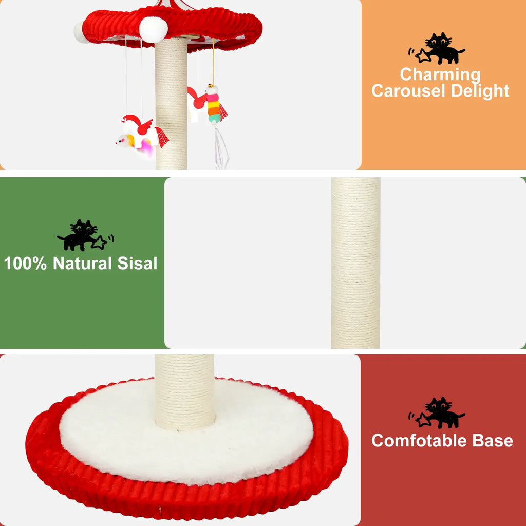 Spice Up Playtime with Our Fun Carousel Sisal Cat Scratching Post & Toy Tree! Perfect for Kittens and Adult Cats! 🐾🎪