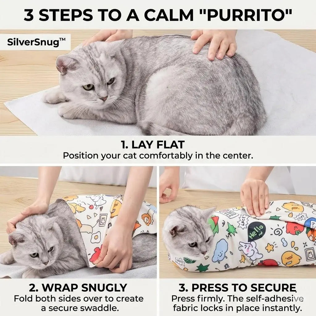 Transform your pet's chill time with the Silversnug Magic Purrito Wrap! 🐾✨ The self-adhesive calming swaddle and grooming towel keeps your furry friend scratch-proof and fur-free! 🐶💖