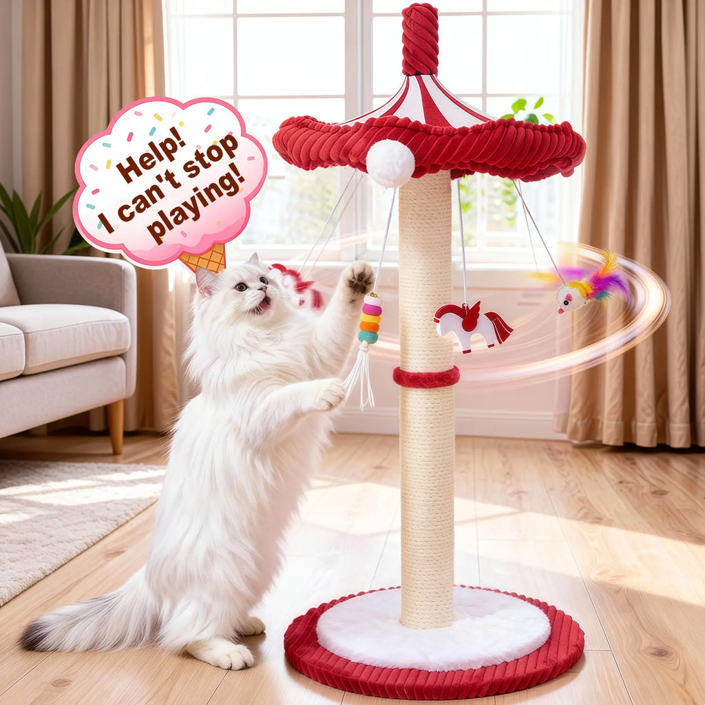 Spice Up Playtime with Our Fun Carousel Sisal Cat Scratching Post & Toy Tree! Perfect for Kittens and Adult Cats! 🐾🎪