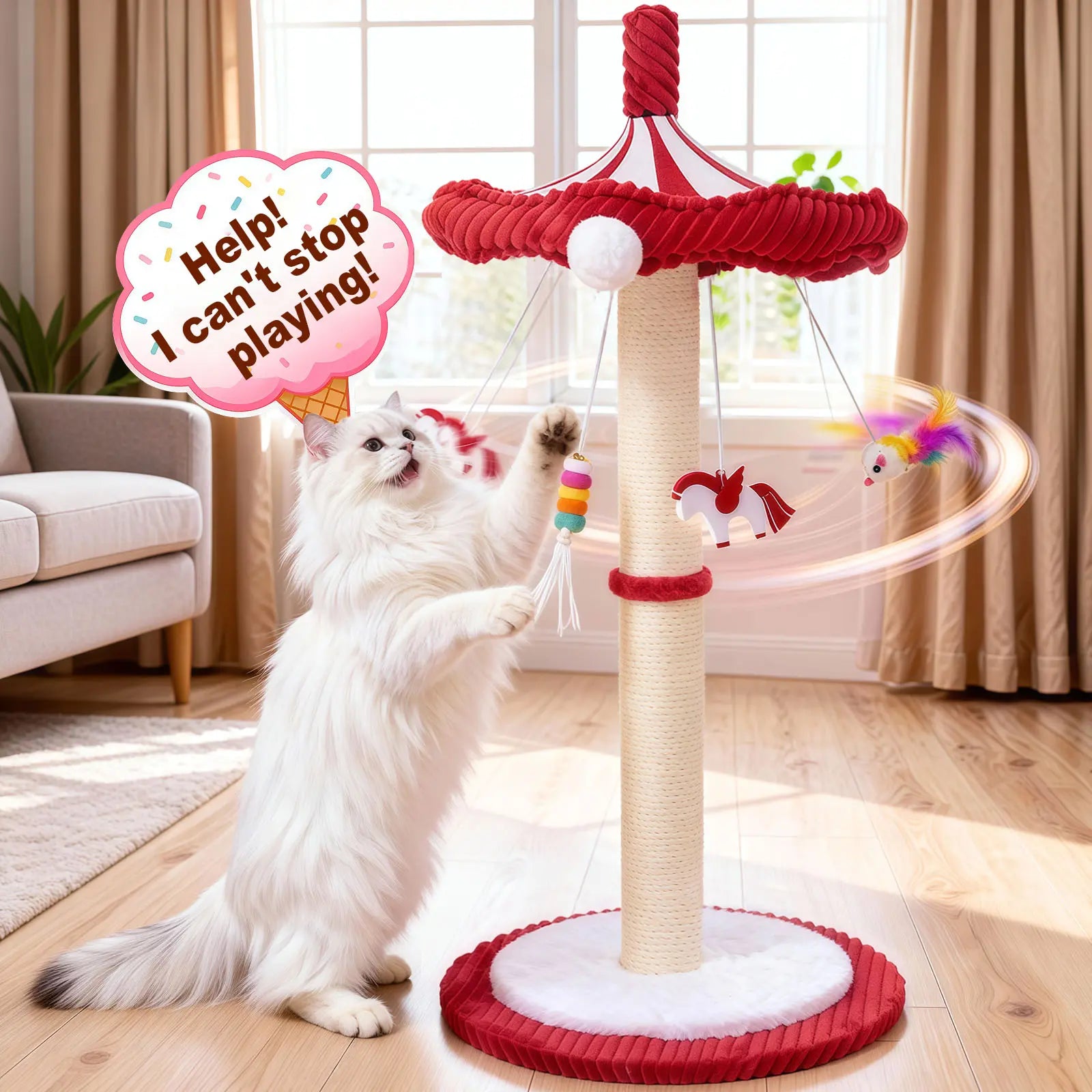 Spice Up Playtime with Our Fun Carousel Sisal Cat Scratching Post & Toy Tree! Perfect for Kittens and Adult Cats! 🐾🎪