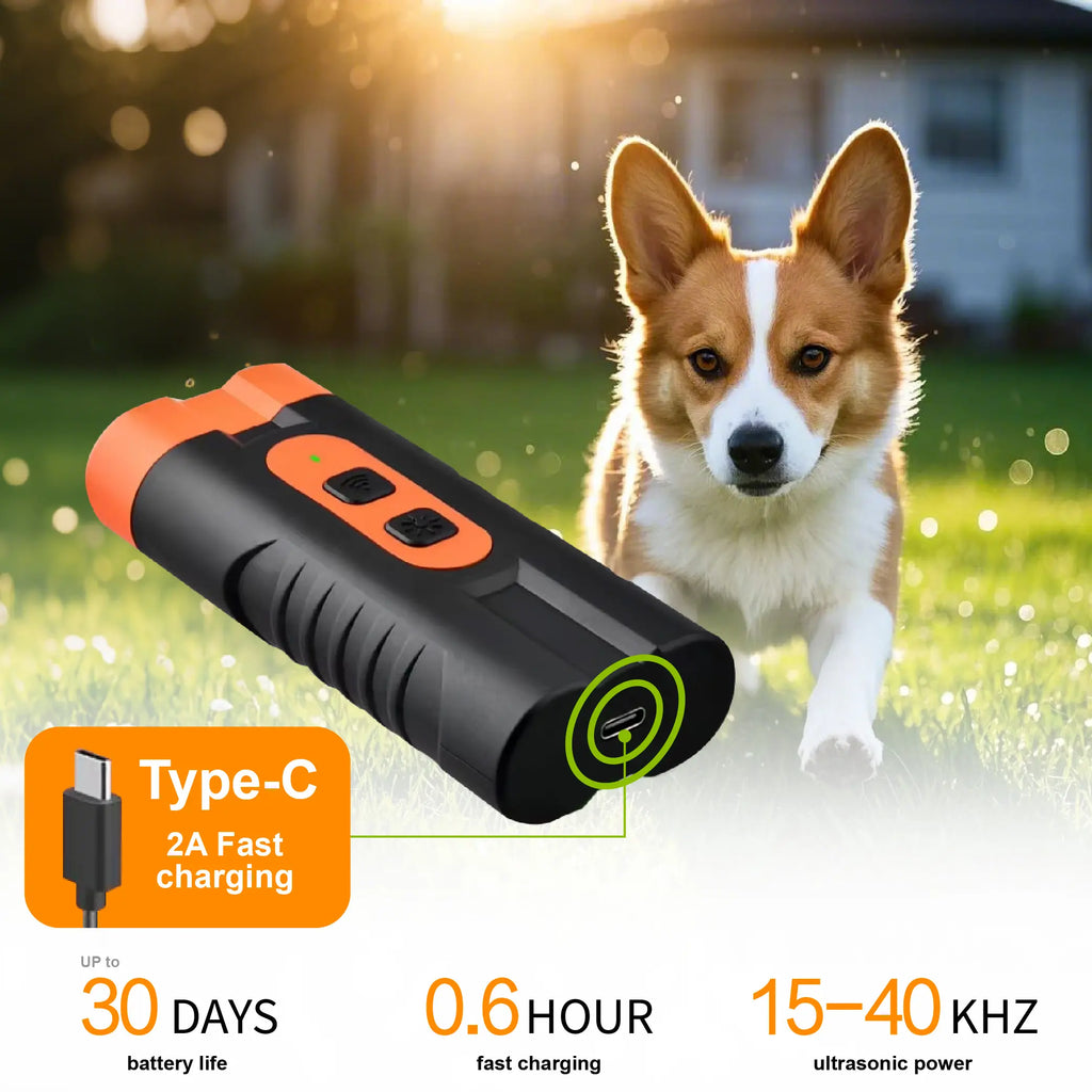 Humane Ultrasonic Dog Barking Deterrent Training Tool - Usb-Rechargeable, Dual Emitters, 50Ft Range, 25Khz Frequency, Flashlight, Portable Grip, Accessory Kit, 2-In-1 Device Trains and Lights, Sound-Based Training Feels Gentle for Indoor & Outdoor Use