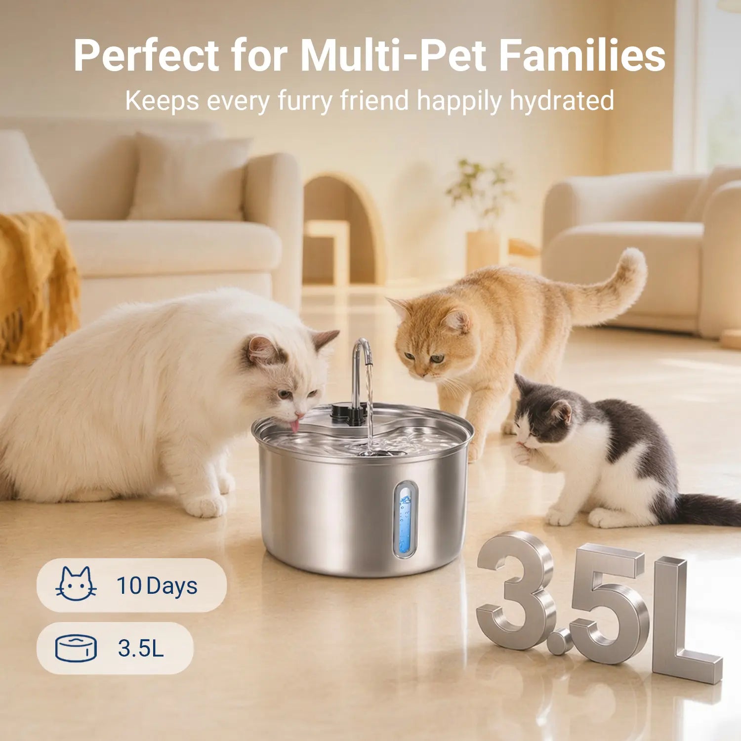 Sovelivee 3.5L 304 Stainless Steel Cat Water Fountain for Cats & Small Dogs, Dual Flow Pet Water Dispenser with Water Level Window & Low-Water Alert& Dry-Run Protection