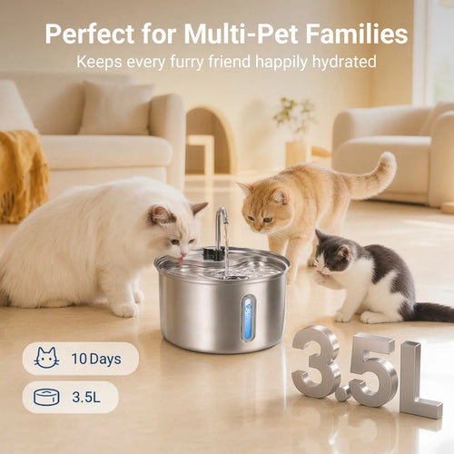 Sovelivee 3.5L 304 Stainless Steel Cat Water Fountain for Cats & Small Dogs, Dual Flow Pet Water Dispenser with Water Level Window & Low-Water Alert& Dry-Run Protection