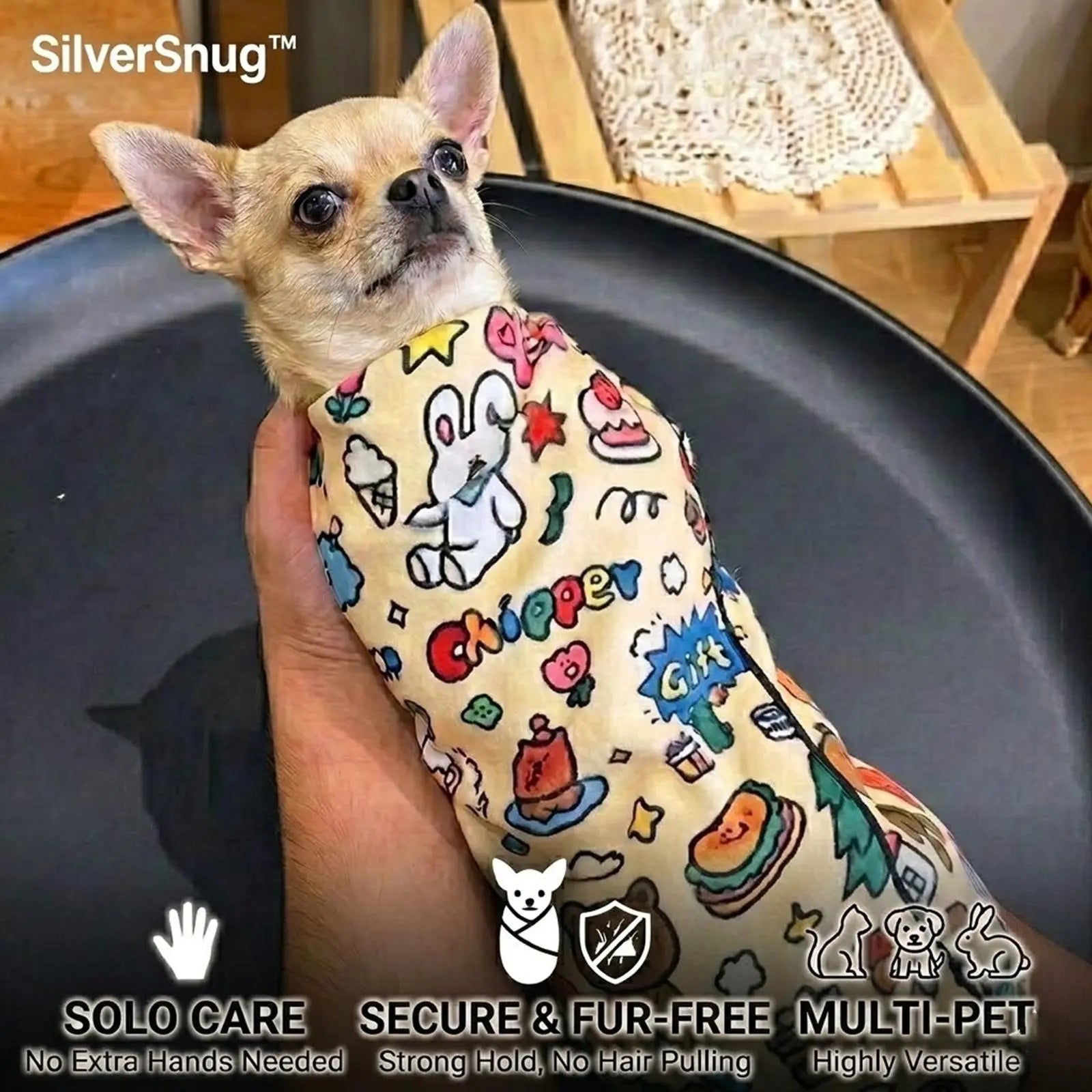 Transform your pet's chill time with the Silversnug Magic Purrito Wrap! 🐾✨ The self-adhesive calming swaddle and grooming towel keeps your furry friend scratch-proof and fur-free! 🐶💖