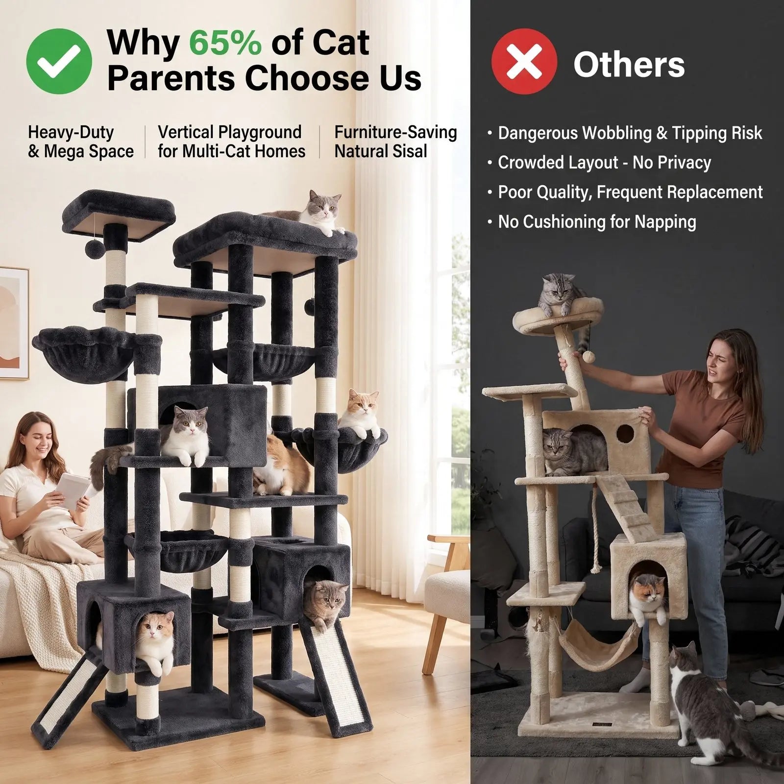 Elevate Your Cats' Playtime with the SHA CERLIN 87" Luxury Cat Tower Mansion! 🐾🏰 Perfect for large cats & kittens, this plush activity center features sisal scratching posts and cozy hammocks! 🌟🐱