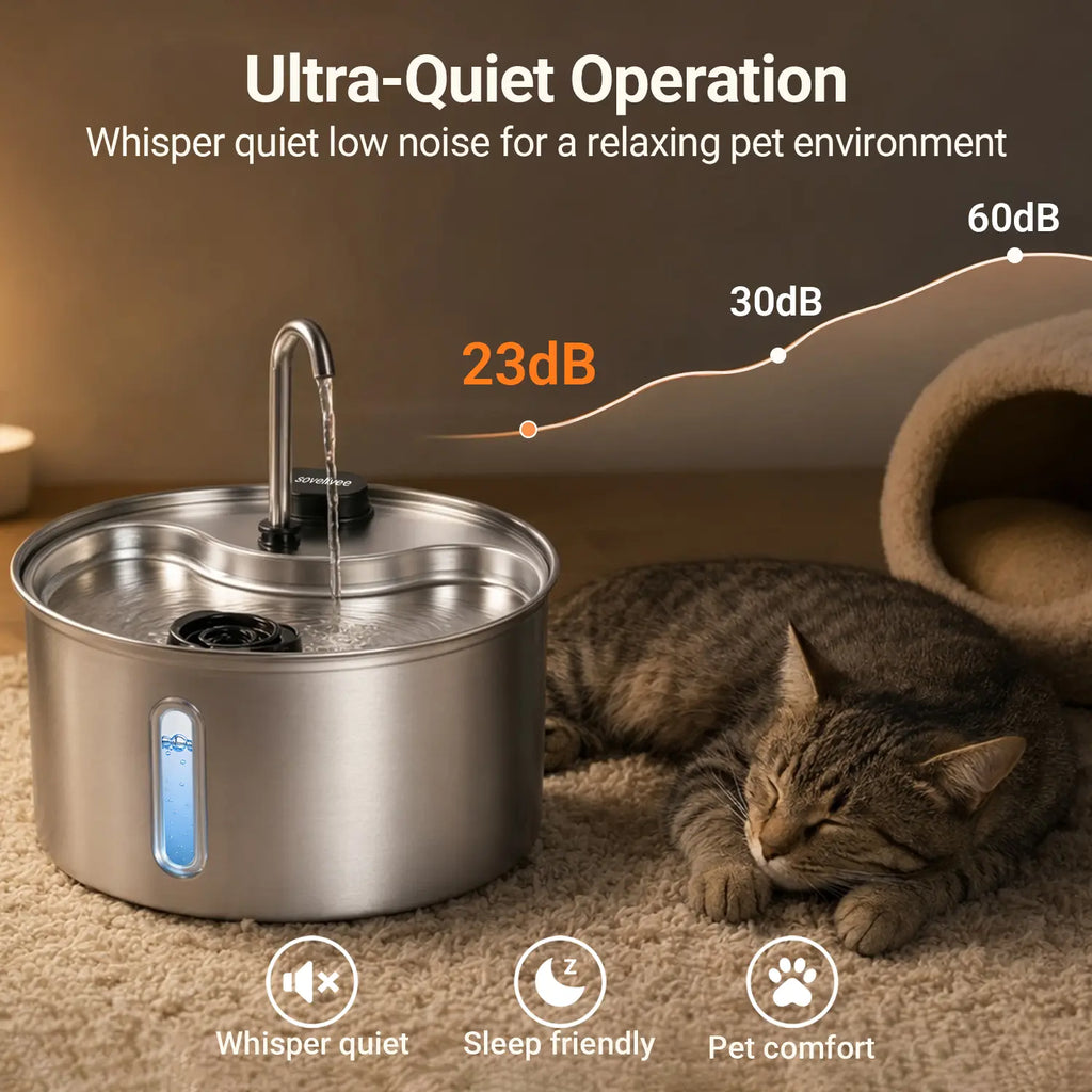 Sovelivee 3.5L 304 Stainless Steel Cat Water Fountain for Cats & Small Dogs, Dual Flow Pet Water Dispenser with Water Level Window & Low-Water Alert& Dry-Run Protection