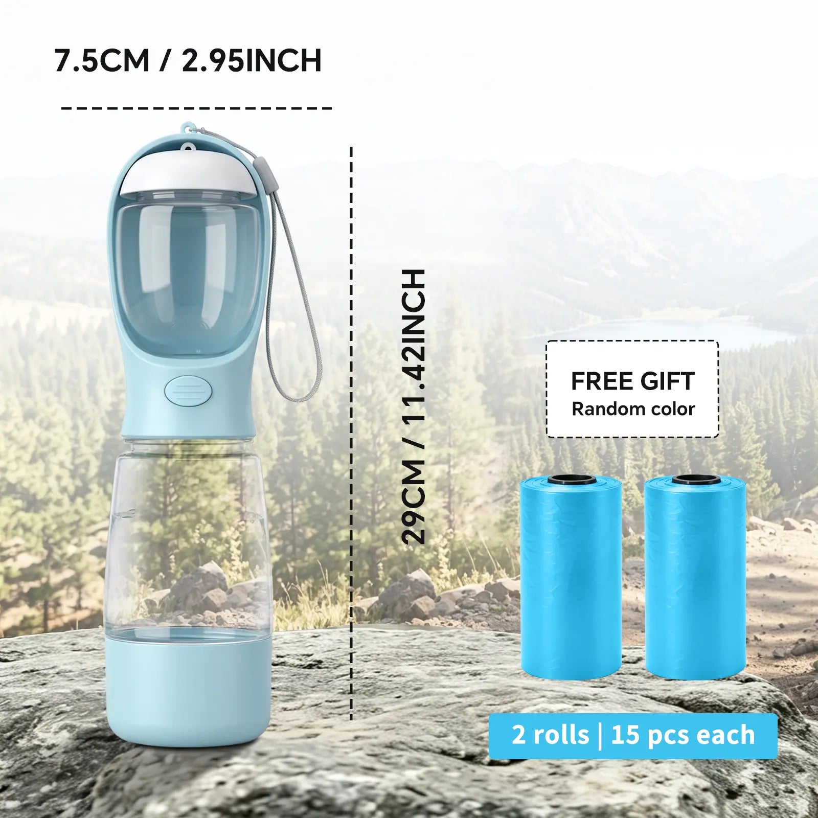 Portable 3-In-1 Dog Water Bottle, with 2 Rolls Waste Bags (30 Pcs Total), Food Container & Built-In Poop Bag Dispenser (29Cm X 7.5Cm/11.42In X 2.95In) - Leak-Proof Travel Dog Cup for Walking, Hiking, with 2 Rolls Waste Bags (30 Pcs Total)