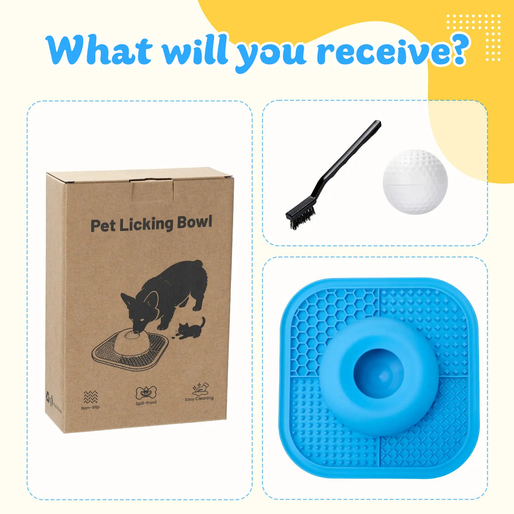 Slow Feeder Dog Bowls & Lick Mat for Liquid and Thick Treat, Anti-Slip Dog Lick Bowl with Interactive Rolling Ball, 5/6 Cup Pup Licking Toy for Large Medium Small Dogs and Cats Blue