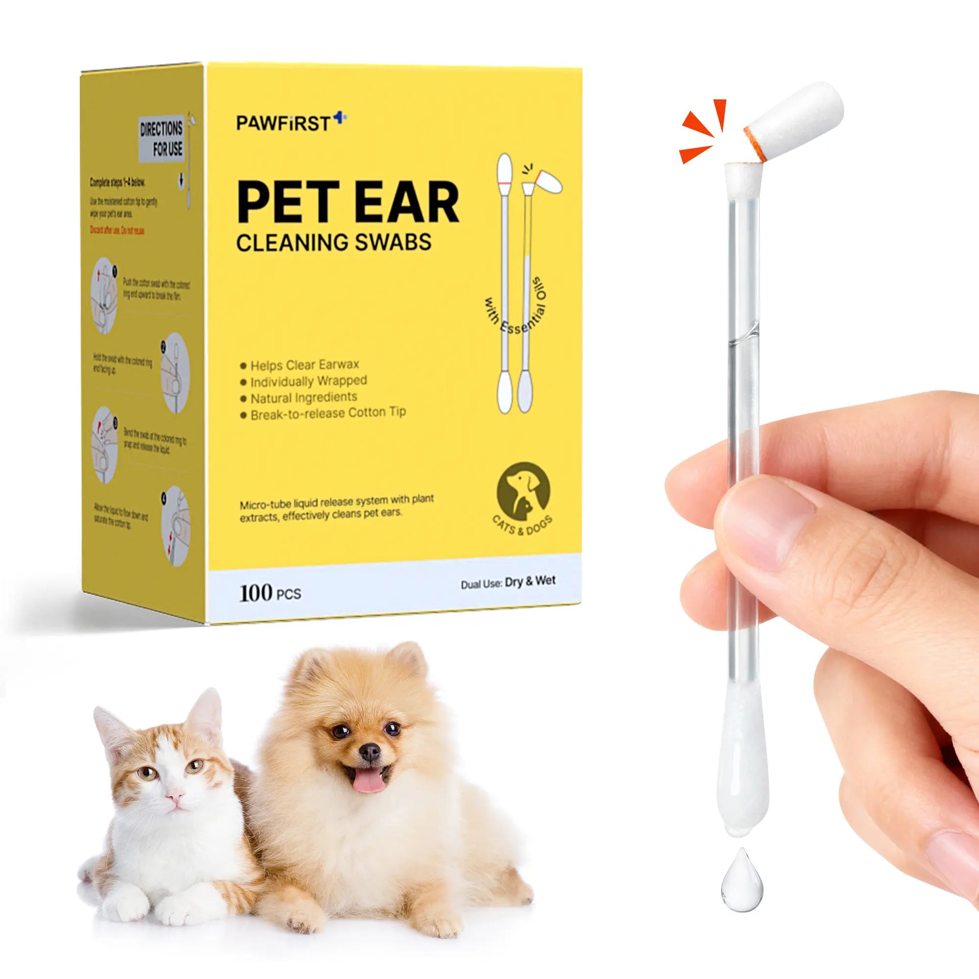 Pawfirst Pet Ear Cleaning Cotton Swabs – Earwax & Odor Remover for Cats & Dogs, Individually Wrapped, Break-To-Release Liquid, Dry/Wet Dual-Use, 100 Pack with Aloe, Witch Hazel & Chamomile Formula #Summervibes #Petlovers