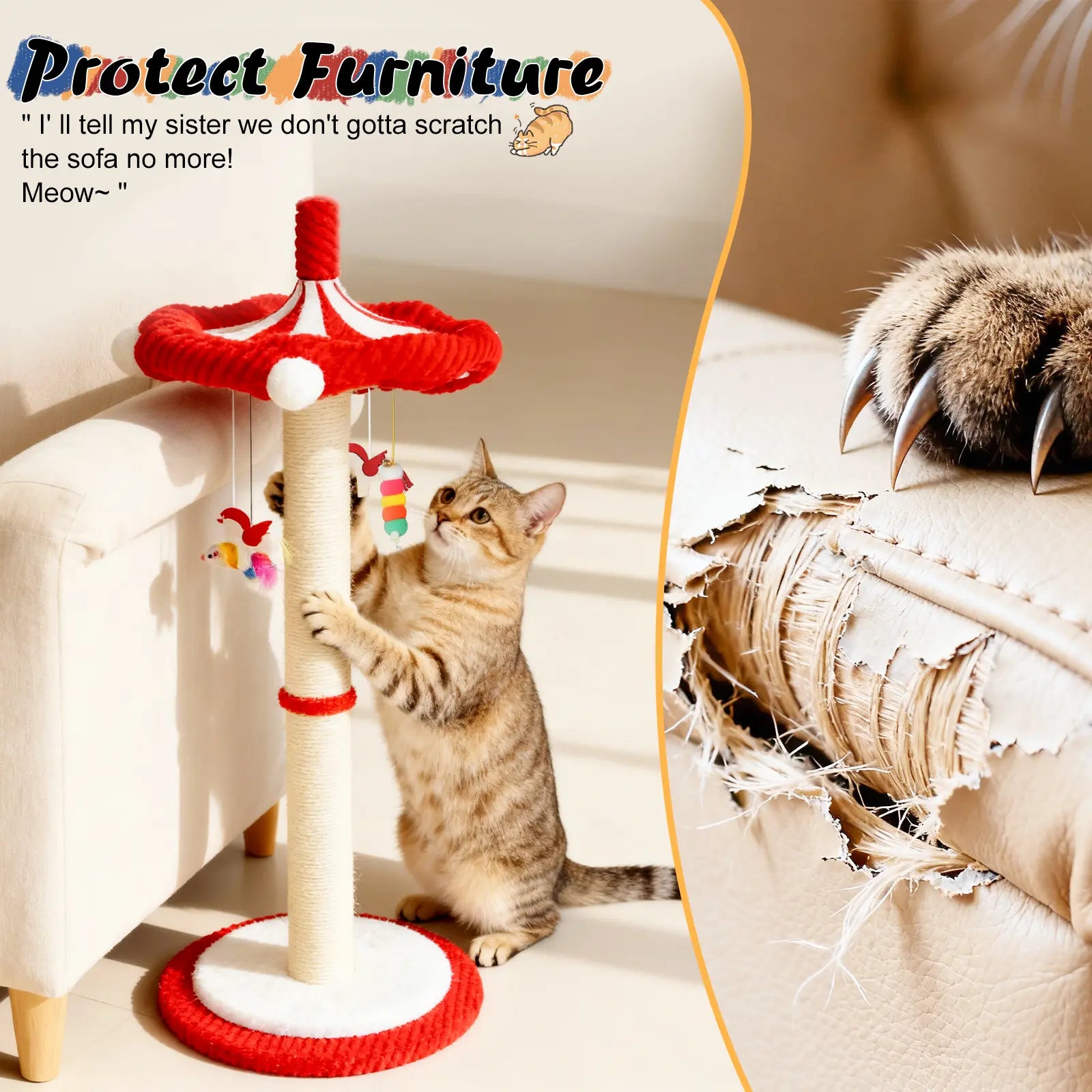 Spice Up Playtime with Our Fun Carousel Sisal Cat Scratching Post & Toy Tree! Perfect for Kittens and Adult Cats! 🐾🎪