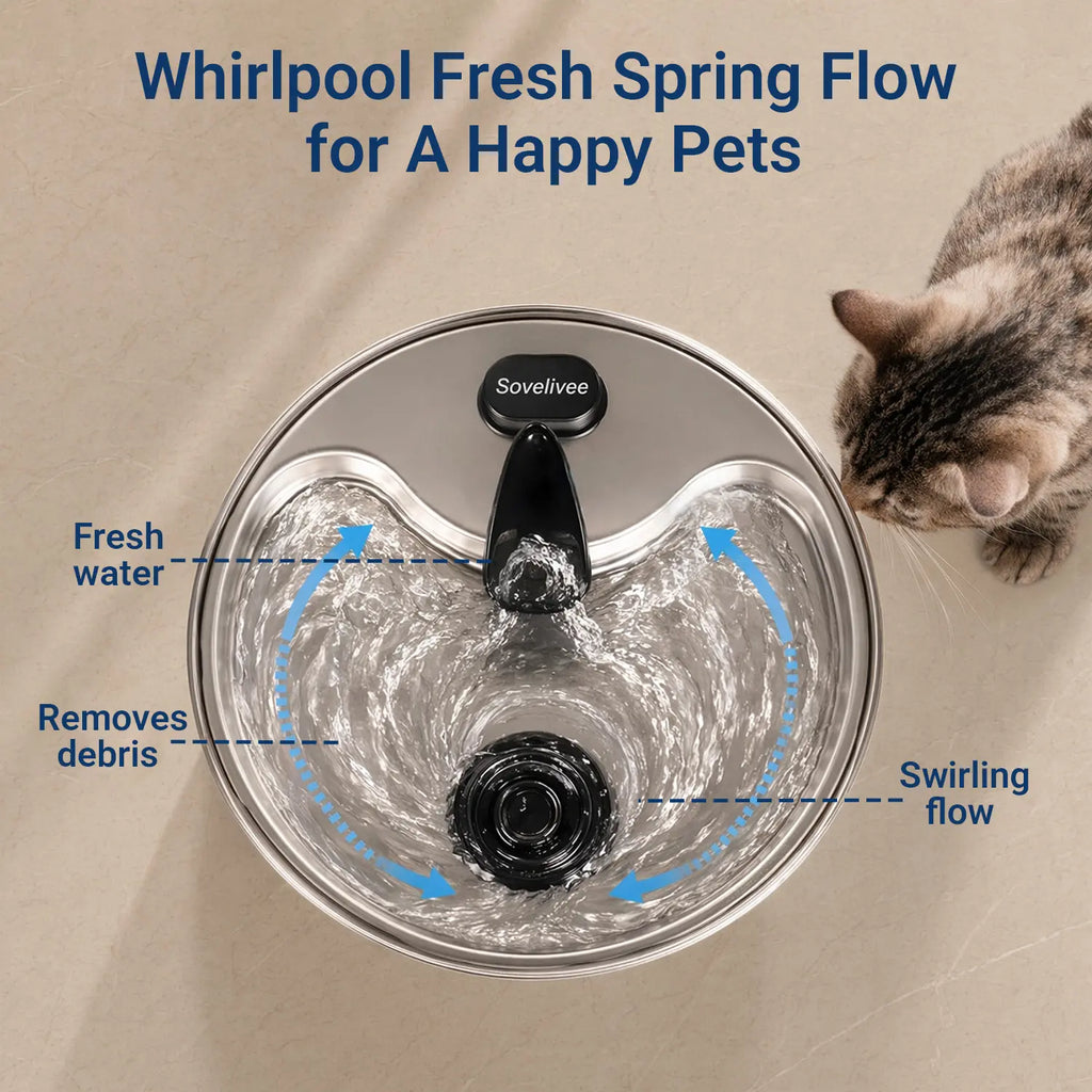 Sovelivee 3.5L 304 Stainless Steel Cat Water Fountain for Cats & Small Dogs, Dual Flow Pet Water Dispenser with Water Level Window & Low-Water Alert& Dry-Run Protection