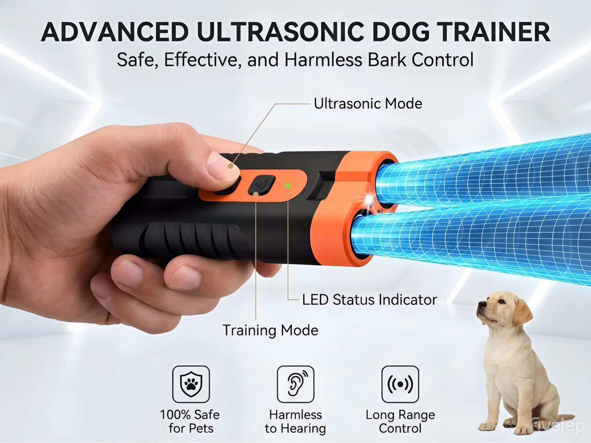 Humane Ultrasonic Dog Barking Deterrent Training Tool - Usb-Rechargeable, Dual Emitters, 50Ft Range, 25Khz Frequency, Flashlight, Portable Grip, Accessory Kit, 2-In-1 Device Trains and Lights, Sound-Based Training Feels Gentle for Indoor & Outdoor Use