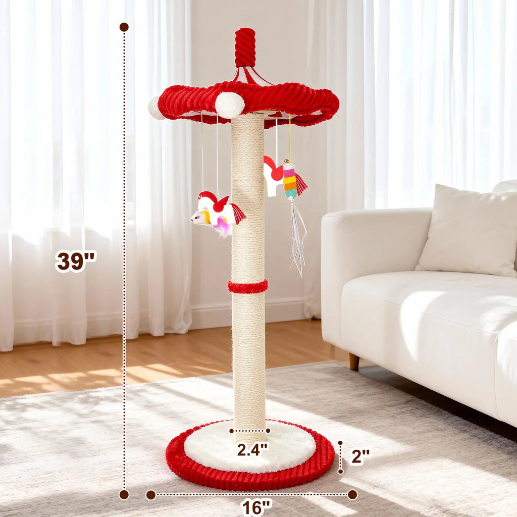 Spice Up Playtime with Our Fun Carousel Sisal Cat Scratching Post & Toy Tree! Perfect for Kittens and Adult Cats! 🐾🎪