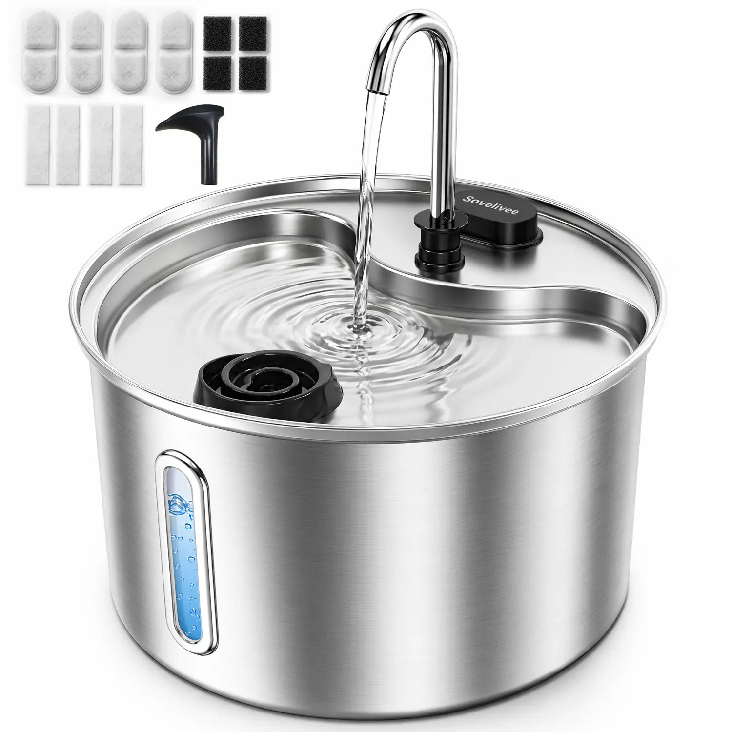 Sovelivee 3.5L 304 Stainless Steel Cat Water Fountain for Cats & Small Dogs, Dual Flow Pet Water Dispenser with Water Level Window & Low-Water Alert& Dry-Run Protection