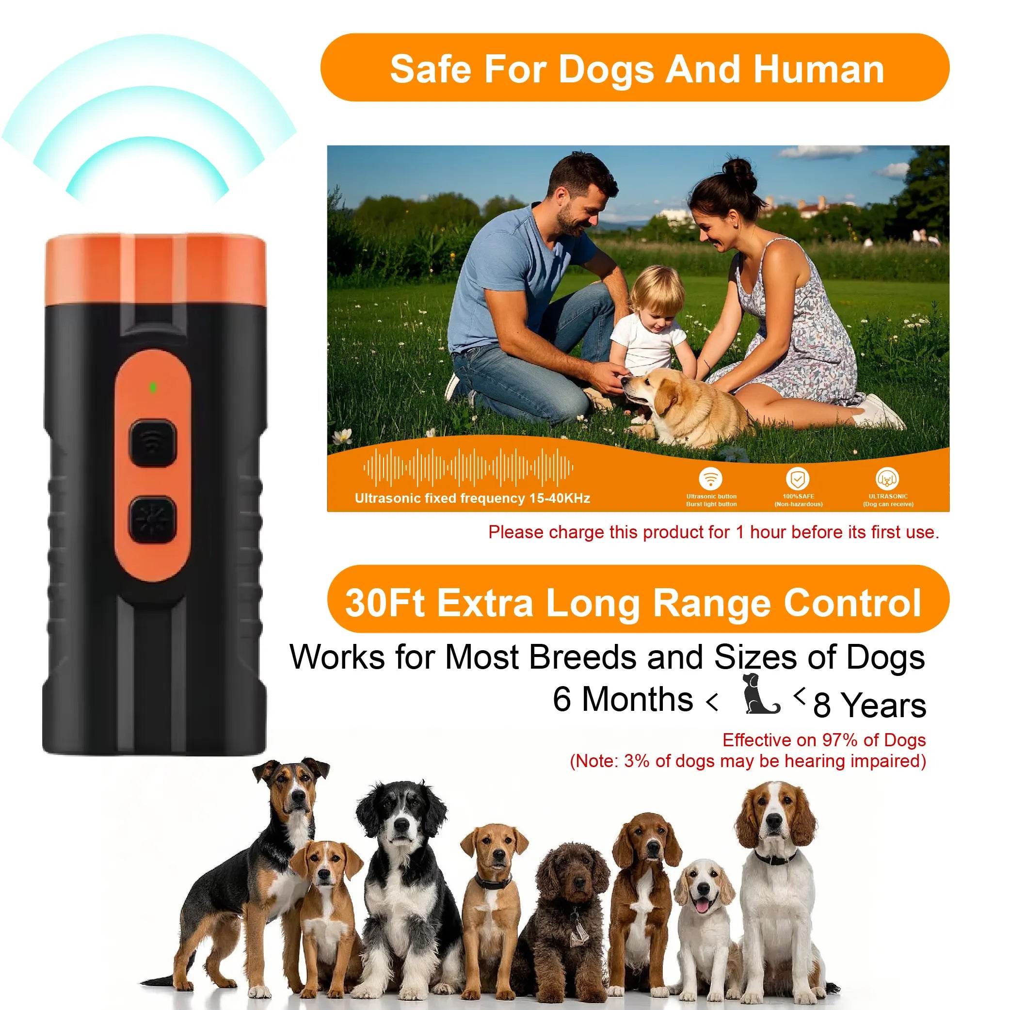 Humane Ultrasonic Dog Barking Deterrent Training Tool - Usb-Rechargeable, Dual Emitters, 50Ft Range, 25Khz Frequency, Flashlight, Portable Grip, Accessory Kit, 2-In-1 Device Trains and Lights, Sound-Based Training Feels Gentle for Indoor & Outdoor Use