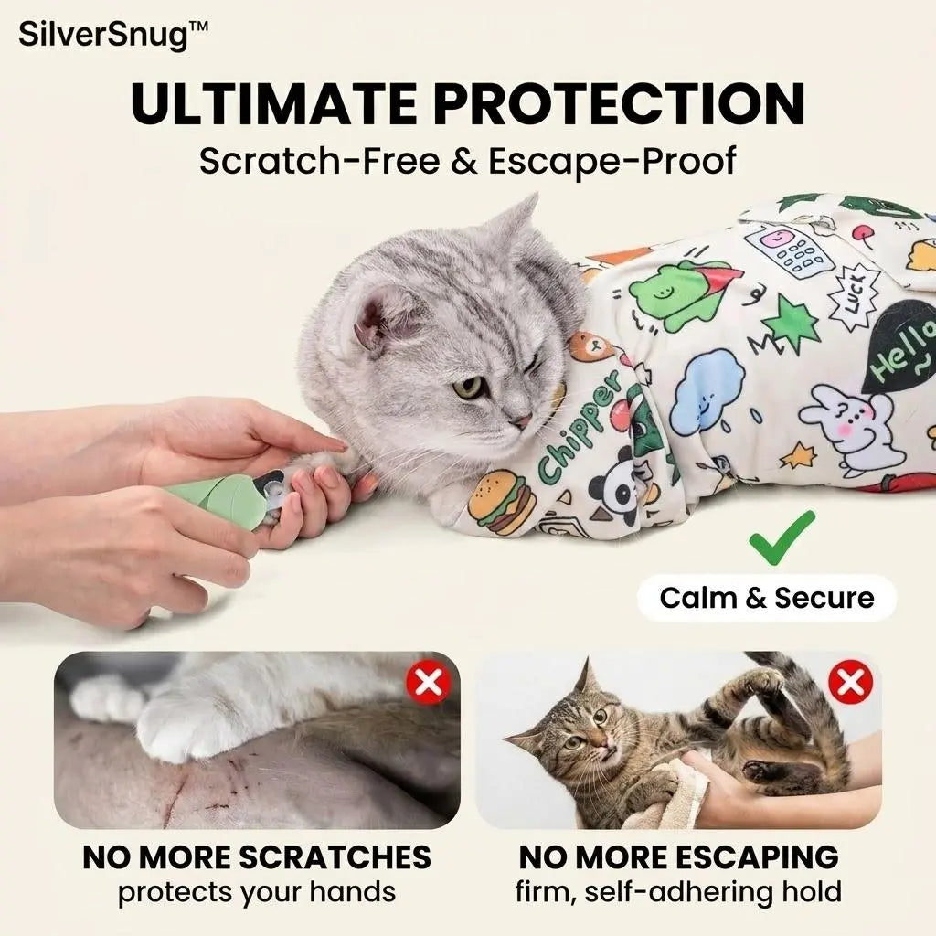Transform your pet's chill time with the Silversnug Magic Purrito Wrap! 🐾✨ The self-adhesive calming swaddle and grooming towel keeps your furry friend scratch-proof and fur-free! 🐶💖