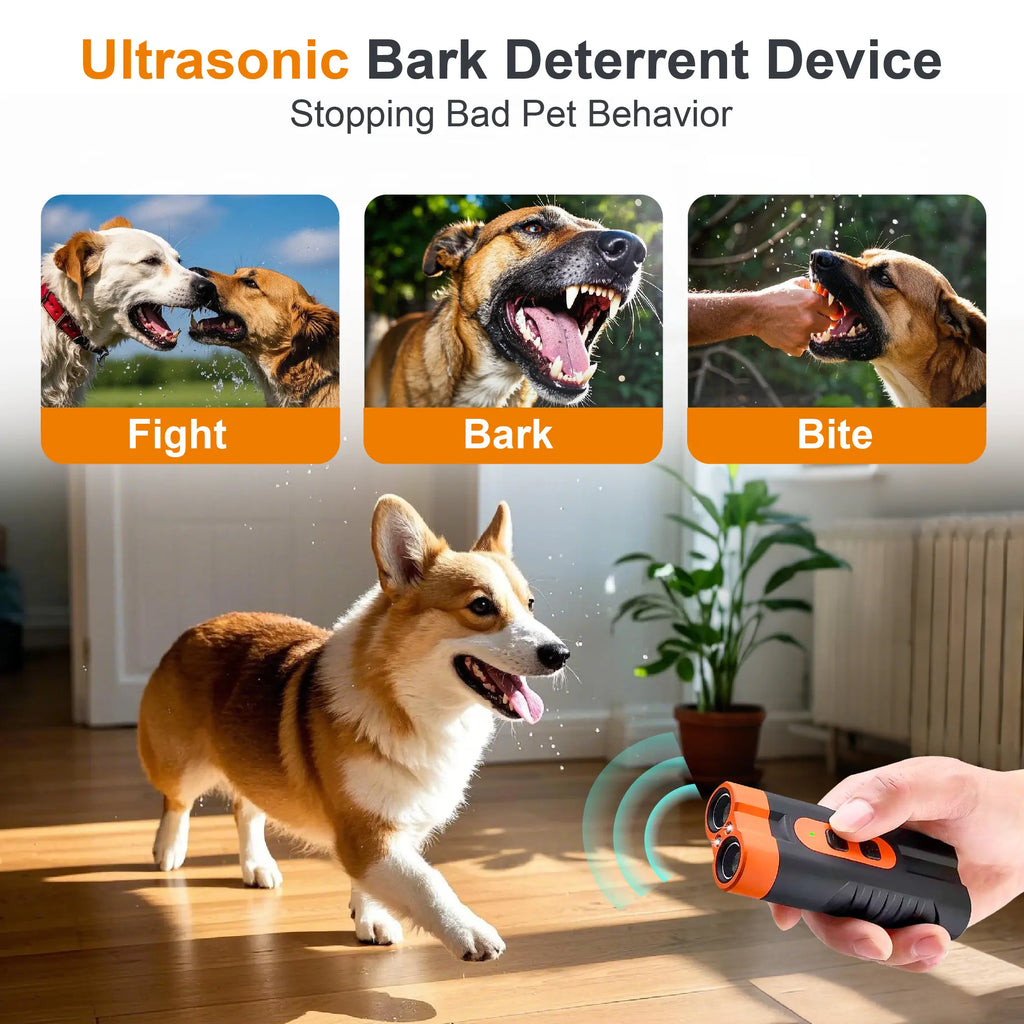 Humane Ultrasonic Dog Barking Deterrent Training Tool - Usb-Rechargeable, Dual Emitters, 50Ft Range, 25Khz Frequency, Flashlight, Portable Grip, Accessory Kit, 2-In-1 Device Trains and Lights, Sound-Based Training Feels Gentle for Indoor & Outdoor Use