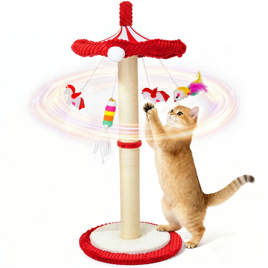 Spice Up Playtime with Our Fun Carousel Sisal Cat Scratching Post & Toy Tree! Perfect for Kittens and Adult Cats! 🐾🎪