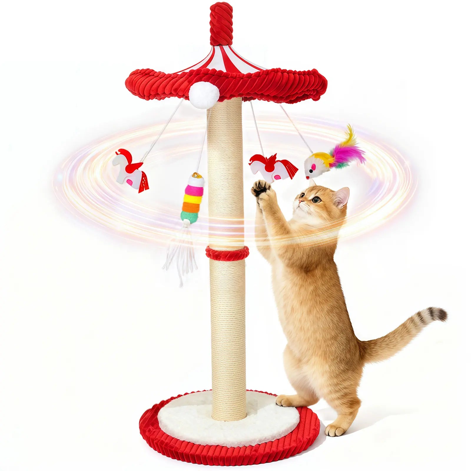 Spice Up Playtime with Our Fun Carousel Sisal Cat Scratching Post & Toy Tree! Perfect for Kittens and Adult Cats! 🐾🎪