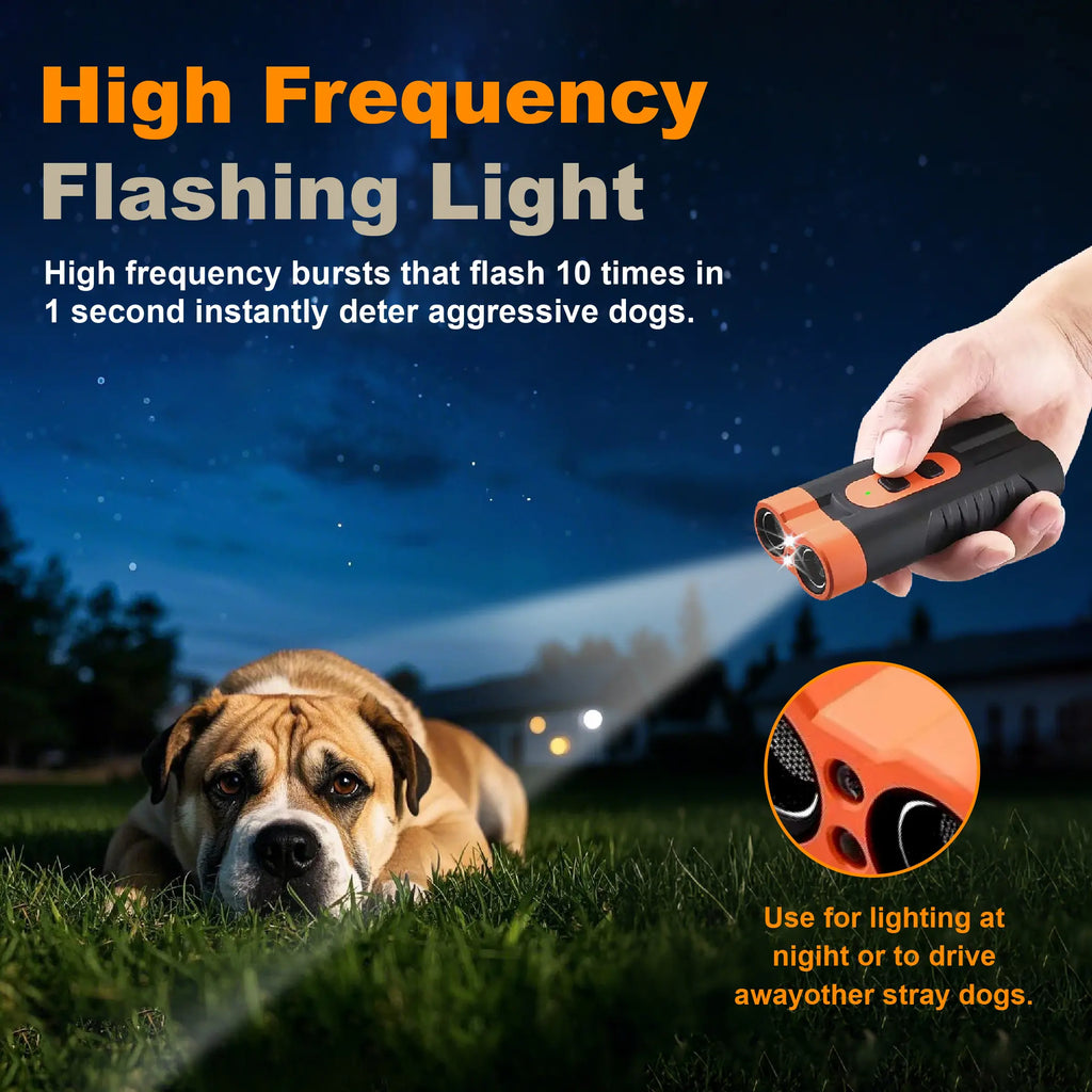 Humane Ultrasonic Dog Barking Deterrent Training Tool - Usb-Rechargeable, Dual Emitters, 50Ft Range, 25Khz Frequency, Flashlight, Portable Grip, Accessory Kit, 2-In-1 Device Trains and Lights, Sound-Based Training Feels Gentle for Indoor & Outdoor Use