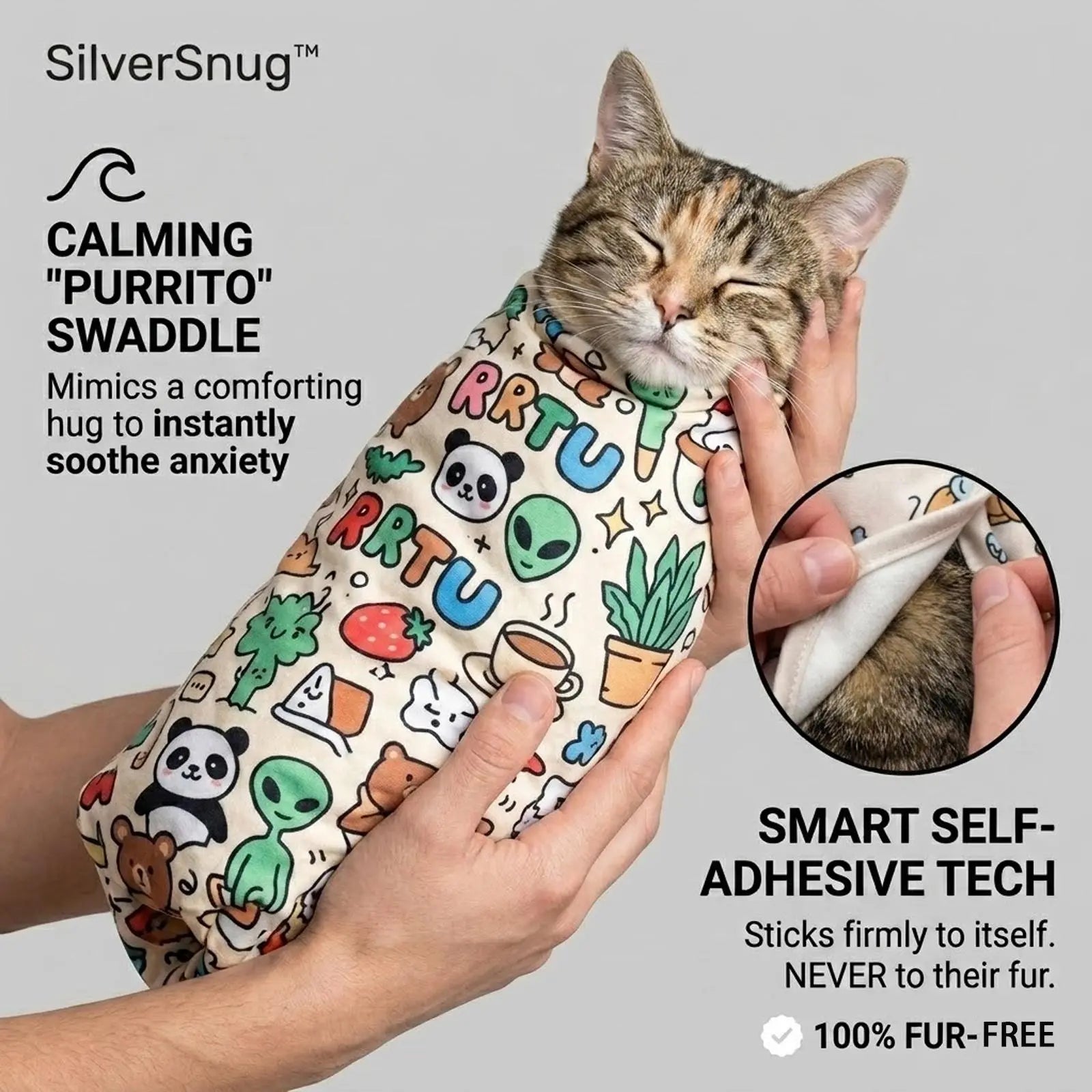 Transform your pet's chill time with the Silversnug Magic Purrito Wrap! 🐾✨ The self-adhesive calming swaddle and grooming towel keeps your furry friend scratch-proof and fur-free! 🐶💖